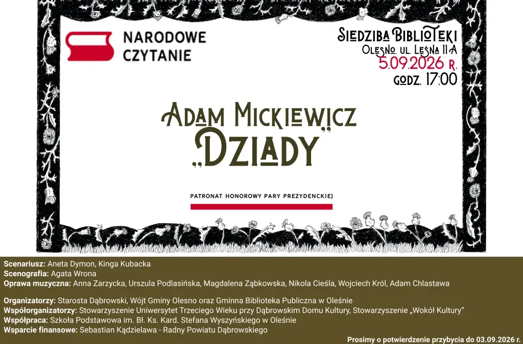 Narodowe Czytanie 2026 w Oleśnie: Wspólna lektura „Dziadów” z udziałem władz i mieszkańców