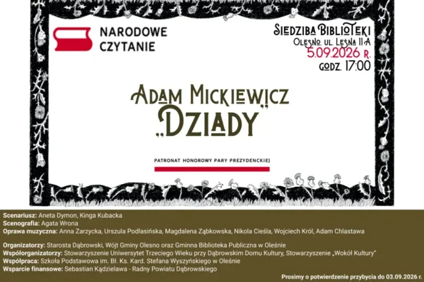 Narodowe Czytanie 2026 w Oleśnie: Wspólna lektura „Dziadów” z udziałem władz i mieszkańców